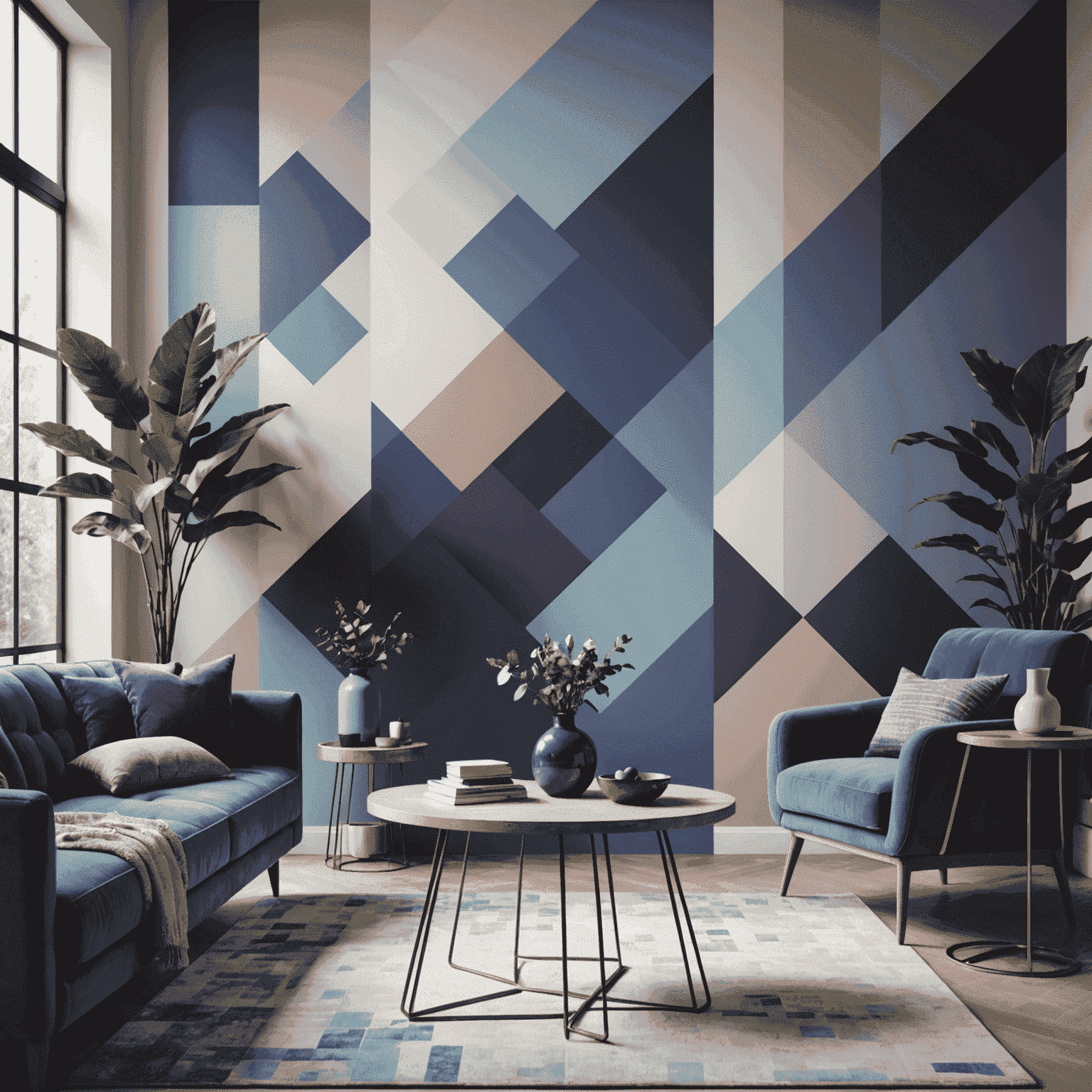 Abstract image representing modern interior design trends, featuring geometric shapes and a color palette of blues and purples