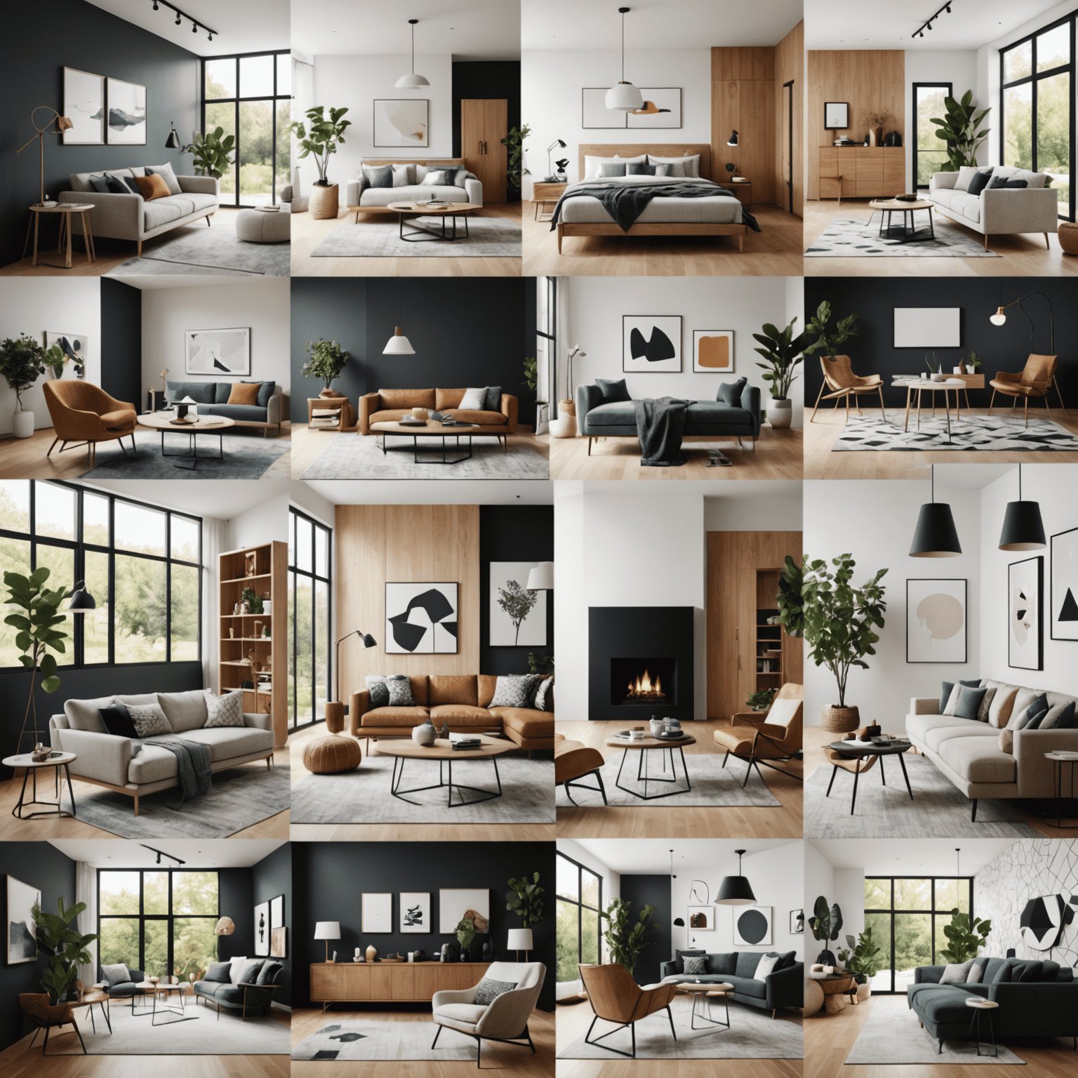 Collage of modern interior and exterior designs showcasing innovative trends, including minimalist furniture, bold geometric patterns, and sustainable materials