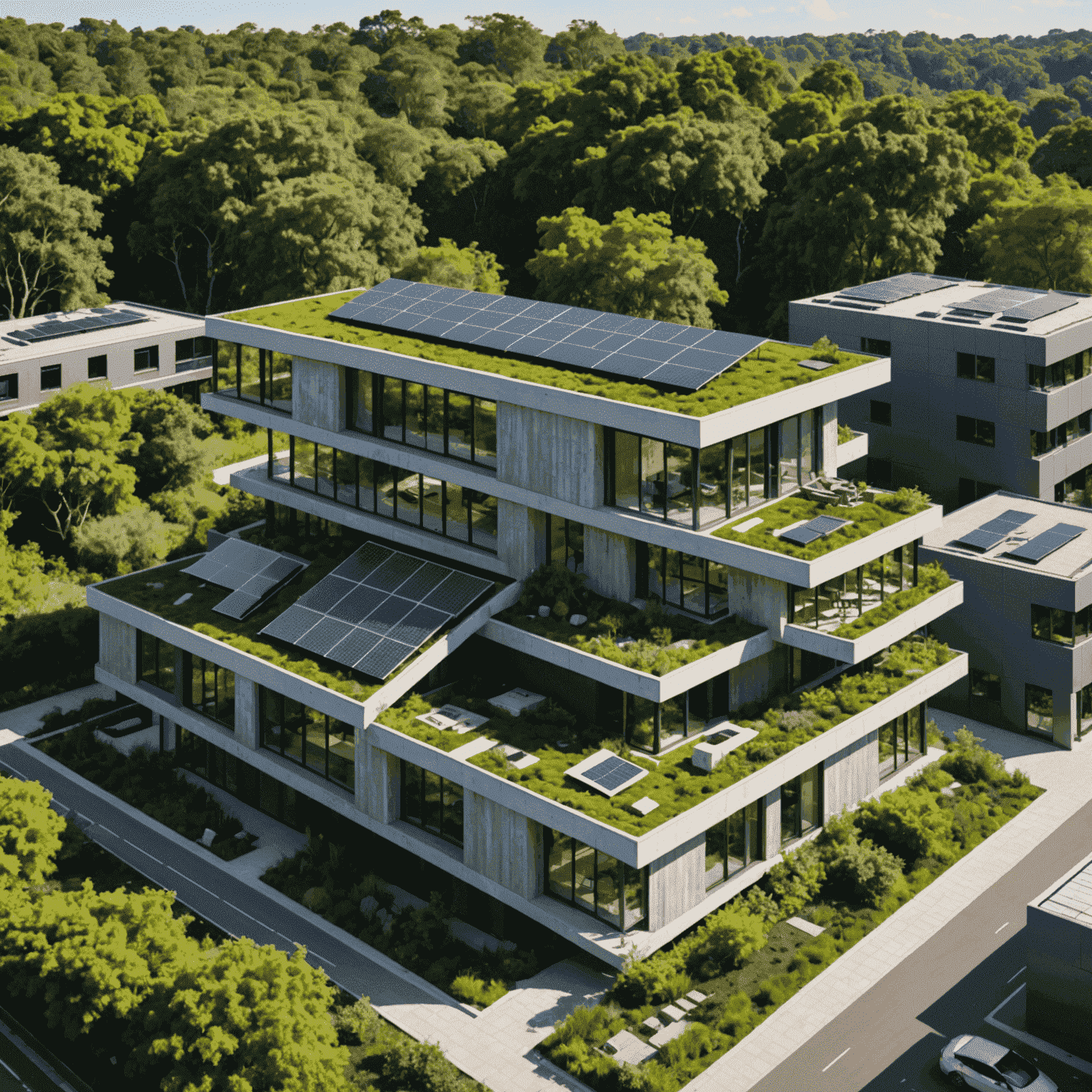 A modern, eco-friendly building with solar panels, green roof, and surrounded by lush vegetation. The building showcases sustainable materials and energy-efficient design.