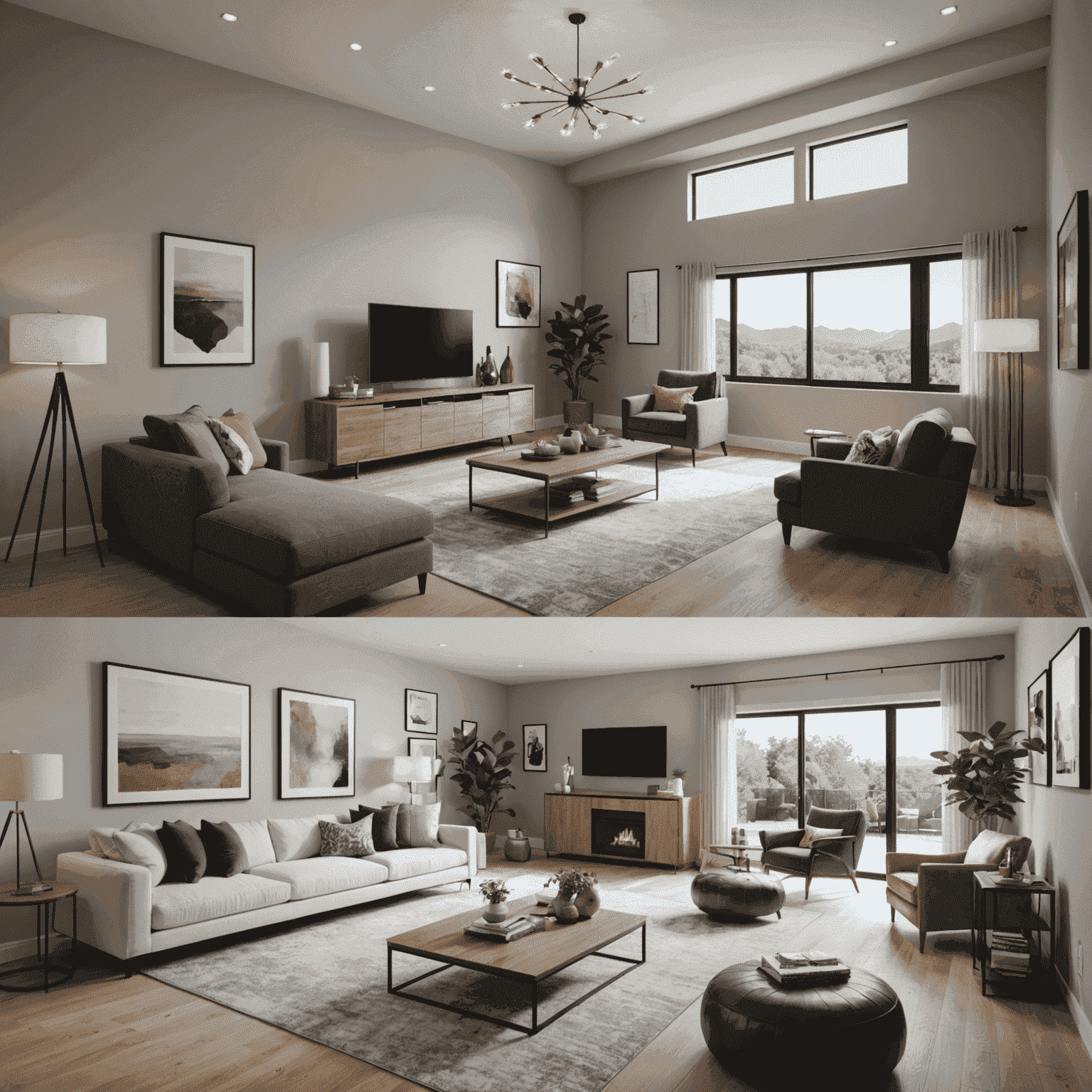 Before and after images of a modern living room transformation, showing a dramatic change from a cluttered, outdated space to a sleek, minimalist design with Alliant's touch