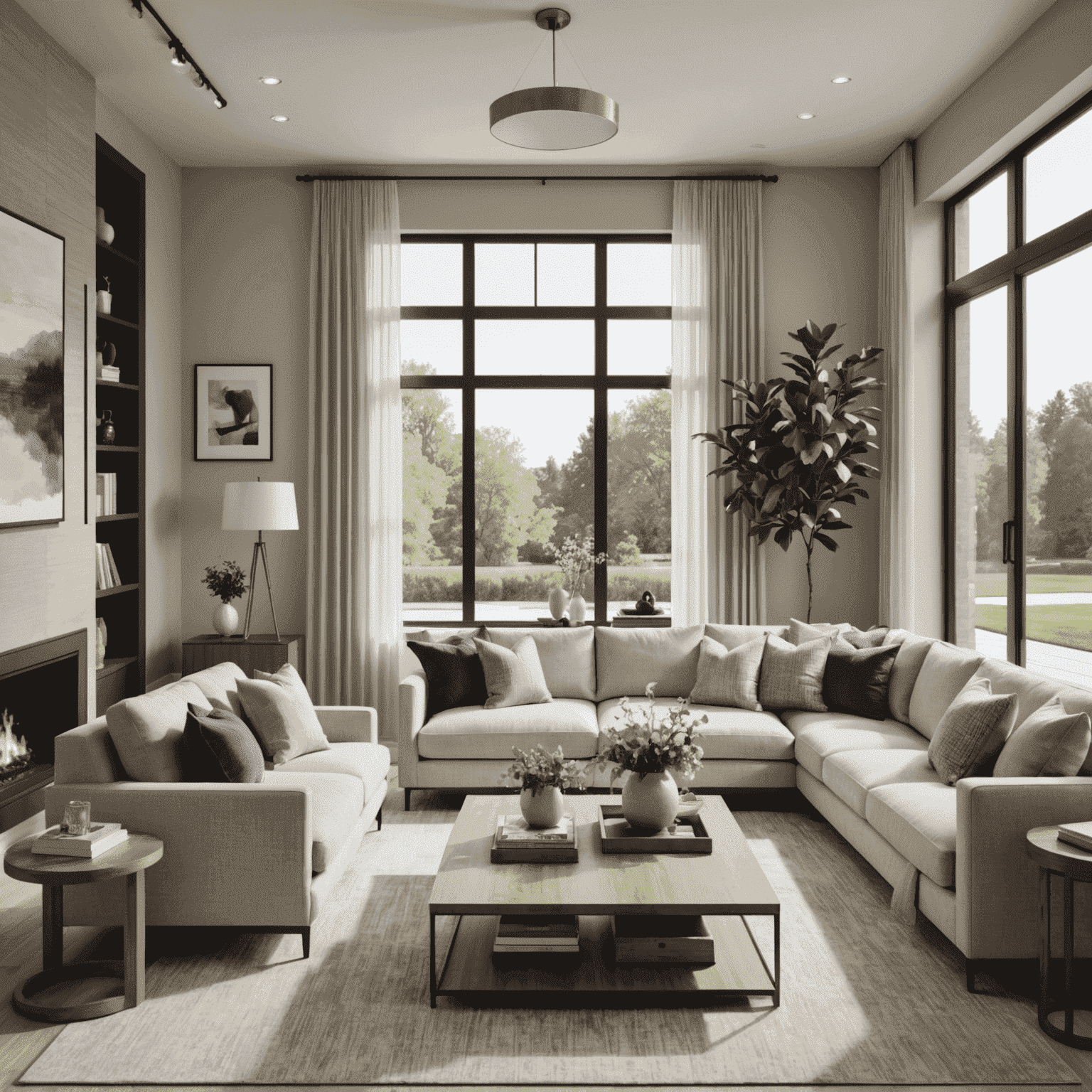 Interior design showcase featuring a modern living room with sleek furniture, neutral color palette, and large windows for natural light