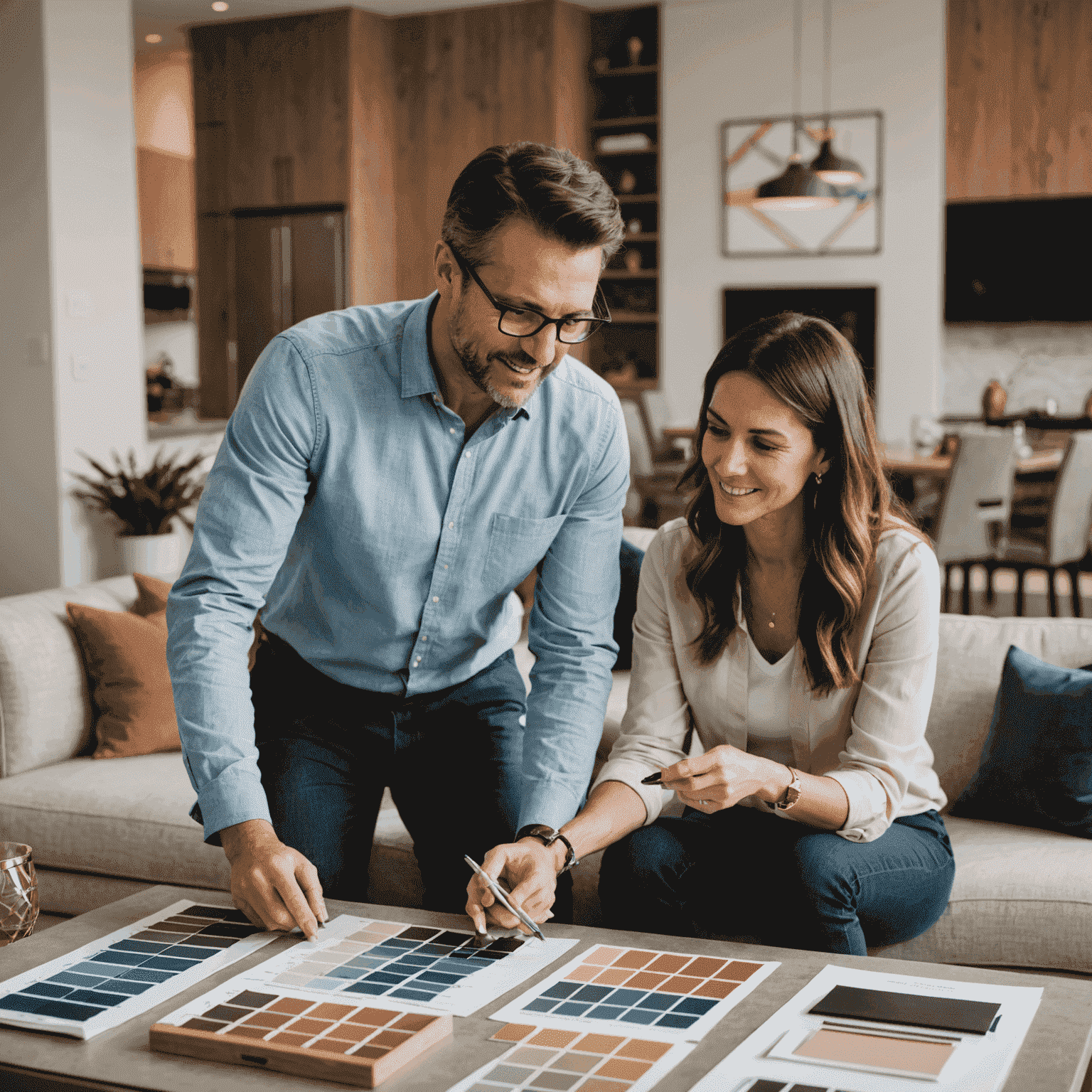 Interior designer discussing plans with a client in a modern living room, showcasing color swatches and material samples