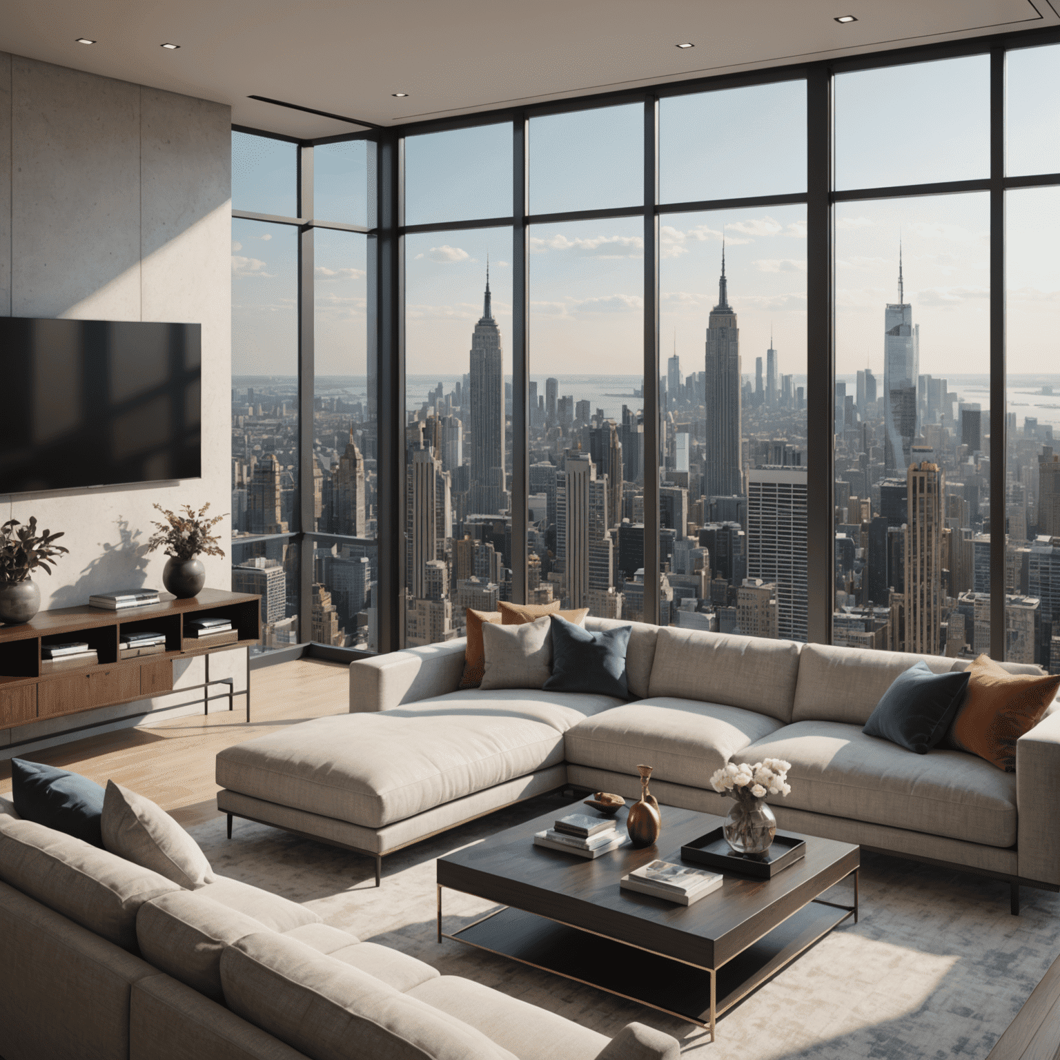 A detailed 3D visualization of a modern living room with sleek furniture, large windows, and a view of a city skyline. The image showcases realistic lighting, textures, and materials.