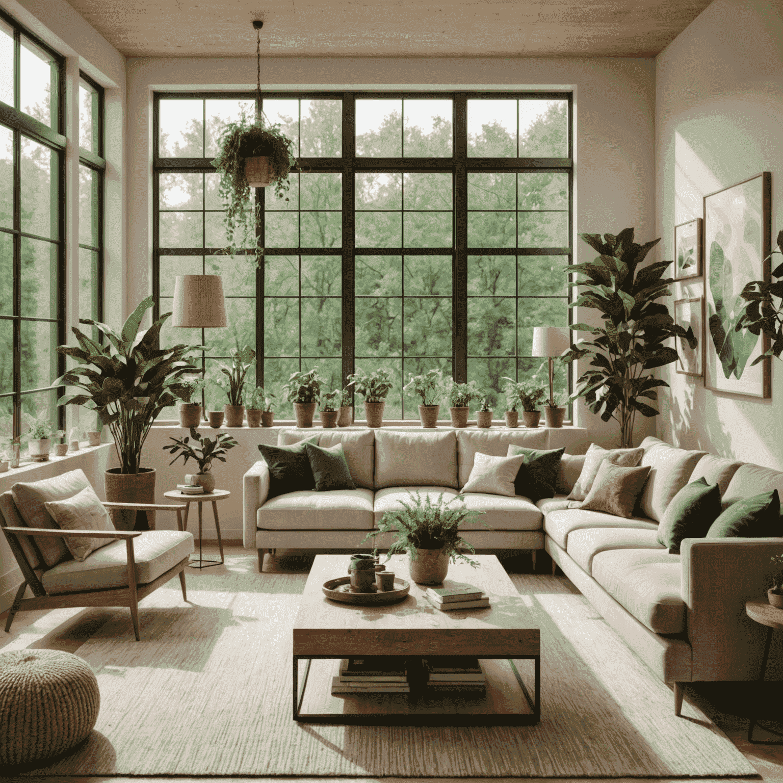 A modern, eco-friendly living room with large windows, natural light, sustainable furniture, and plants