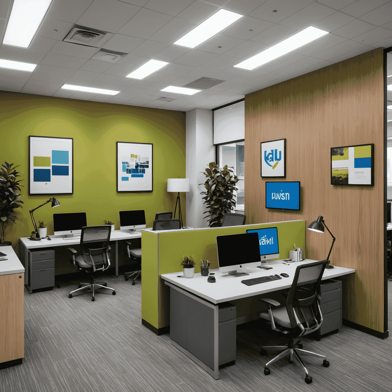 Modern office space with open layout, featuring sleek furniture, vibrant accent walls in Alliant brand colors, and collaborative areas