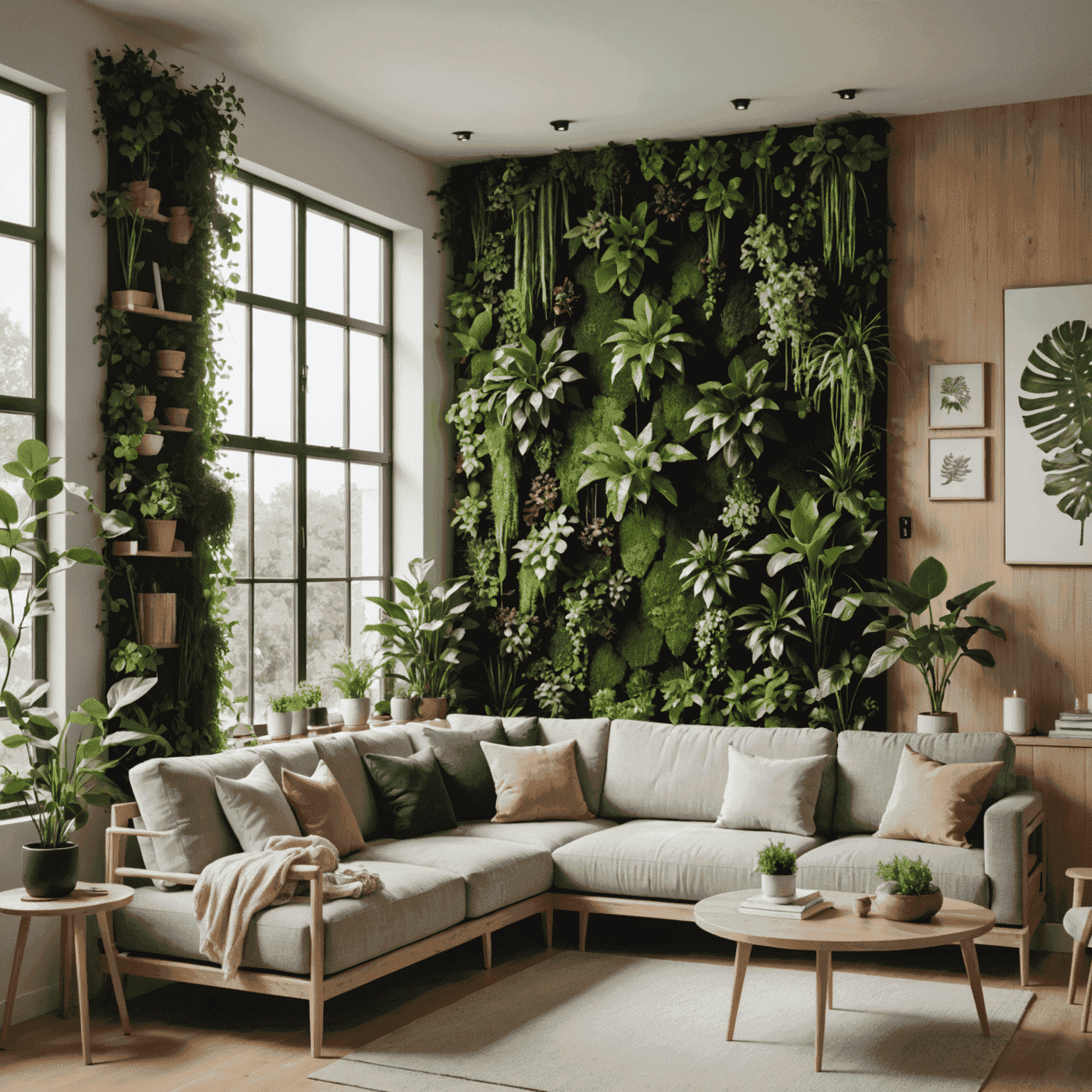 Interior space with a lush living wall, wooden furniture, and large windows allowing natural light