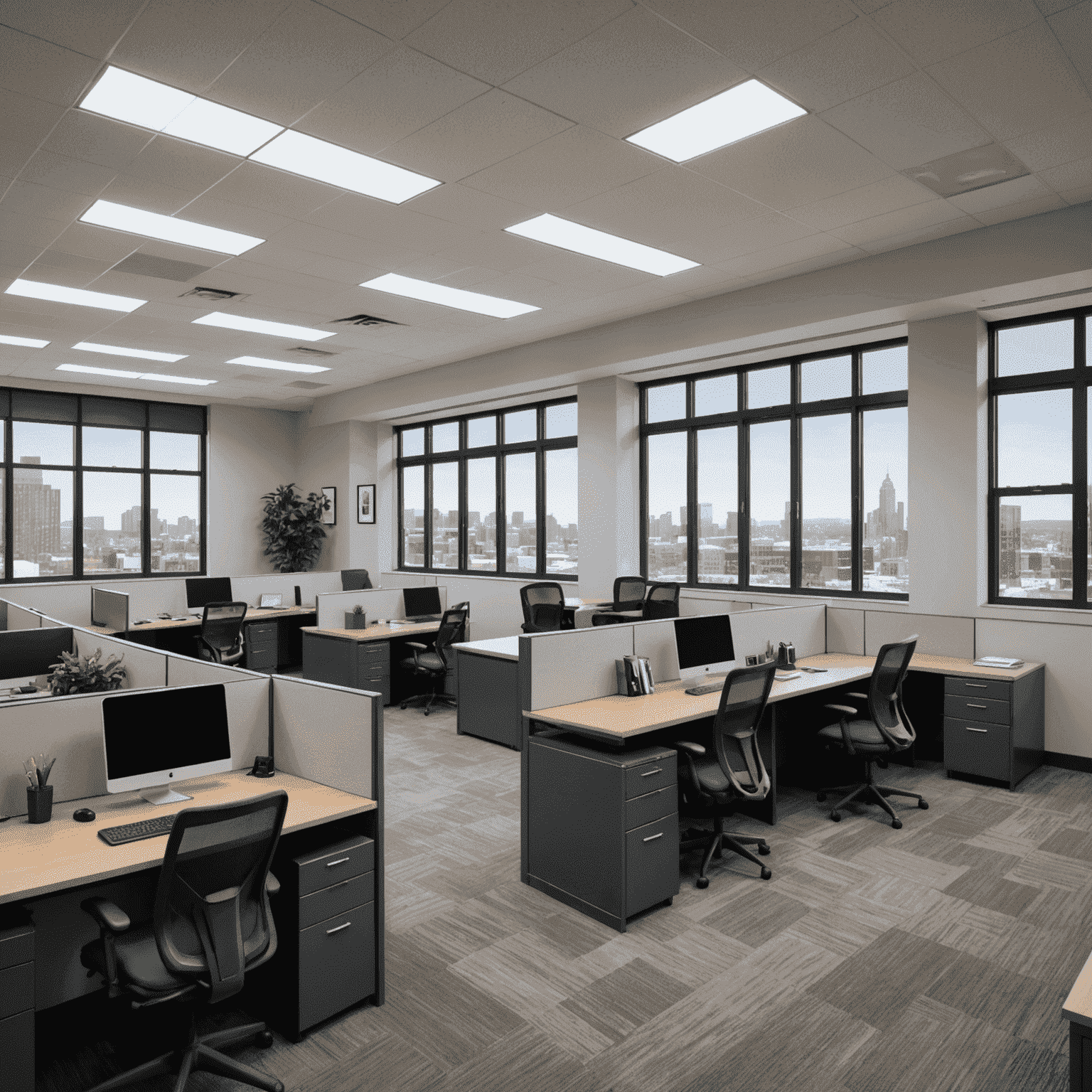 A series of images showing the progression of an office space redesign, from a dull and uninspiring environment to a vibrant, productive workspace with Alliant's design elements