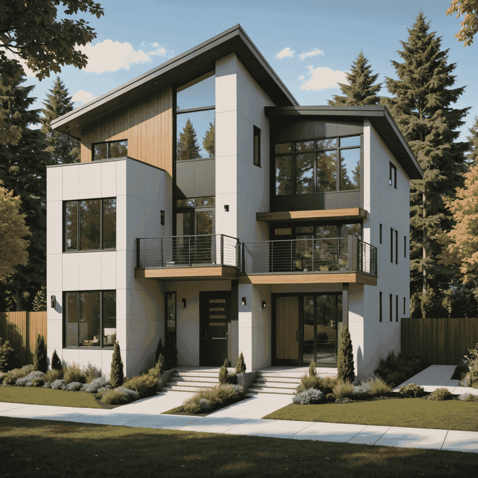 Exterior design example showing a modern house facade with landscaping, featuring clean lines, large windows, and a welcoming entrance