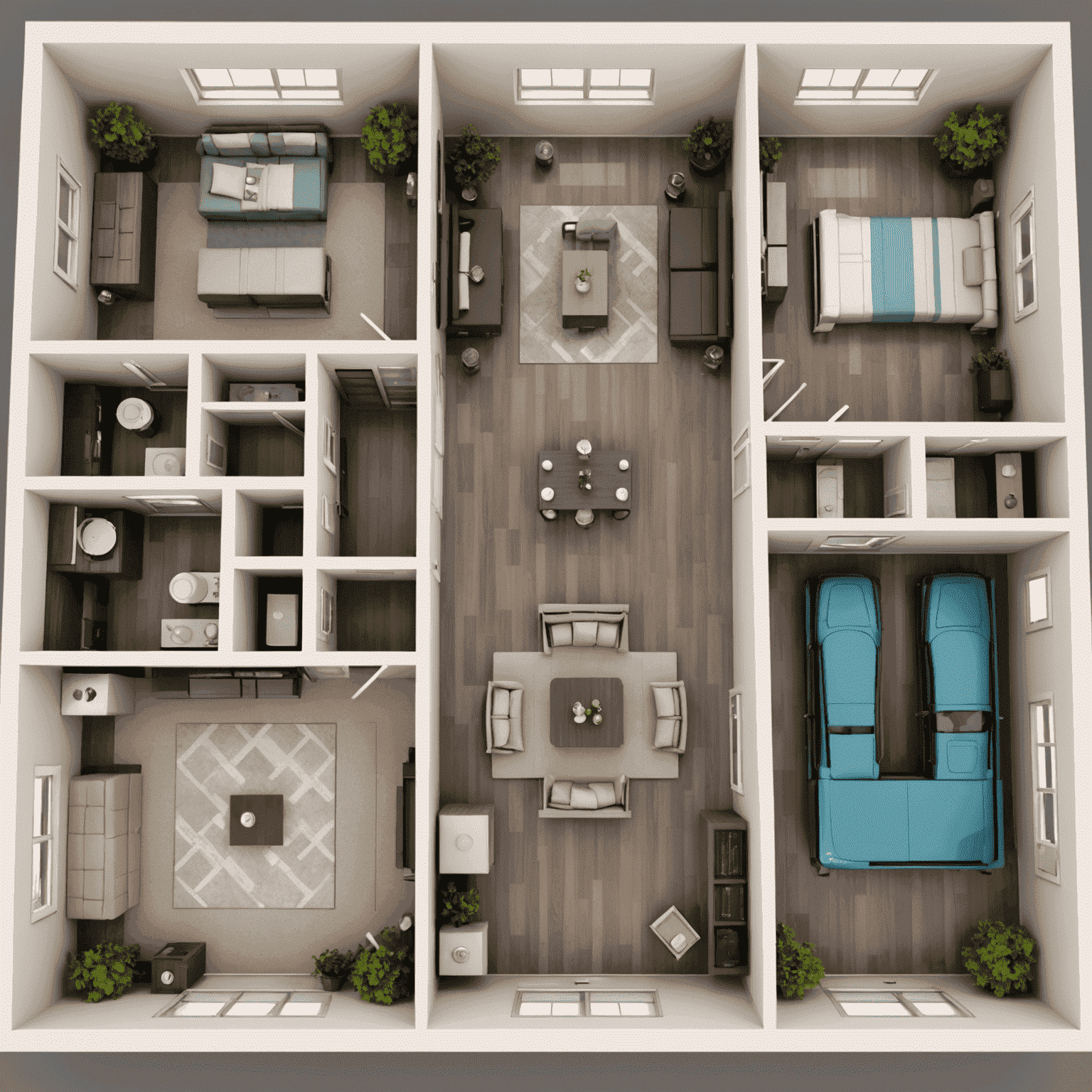 3D rendering of a room layout with furniture placement and traffic flow indicators