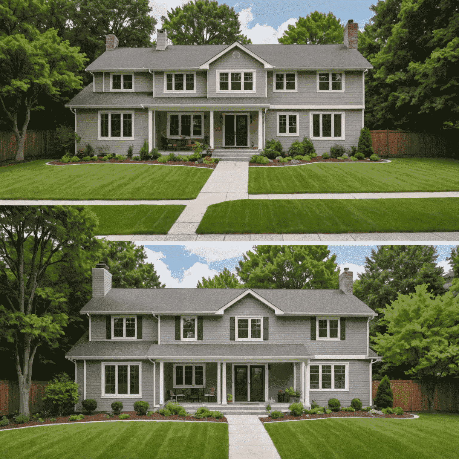 A before and after comparison of a home exterior redesign, showing a dramatic transformation from a dated look to a modern, stylish facade with improved landscaping