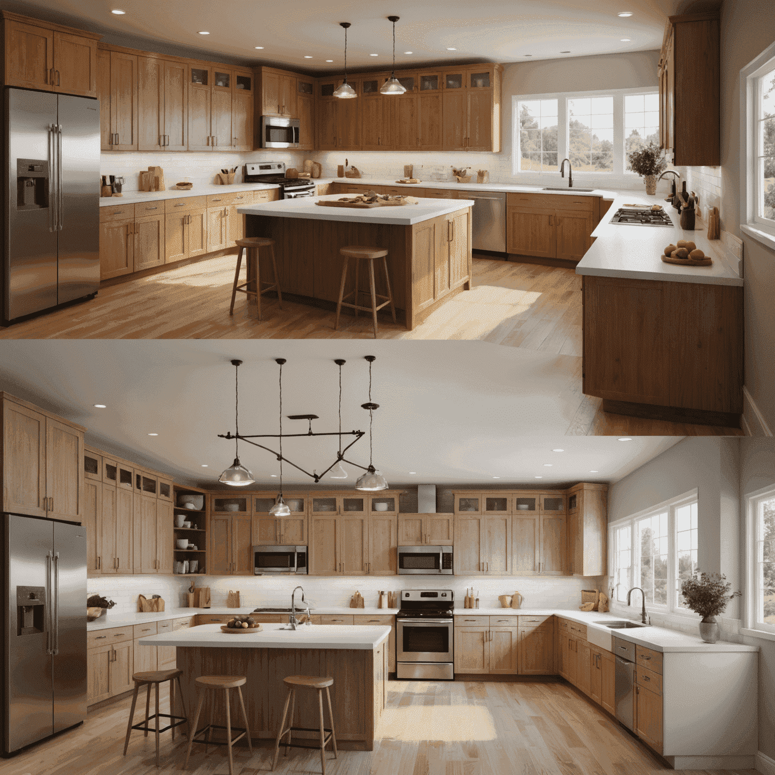 A split-screen image showing a wireframe 3D model on one side and a fully rendered, photorealistic 3D visualization of a modern kitchen on the other side. The image demonstrates the transformation from concept to final visualization.