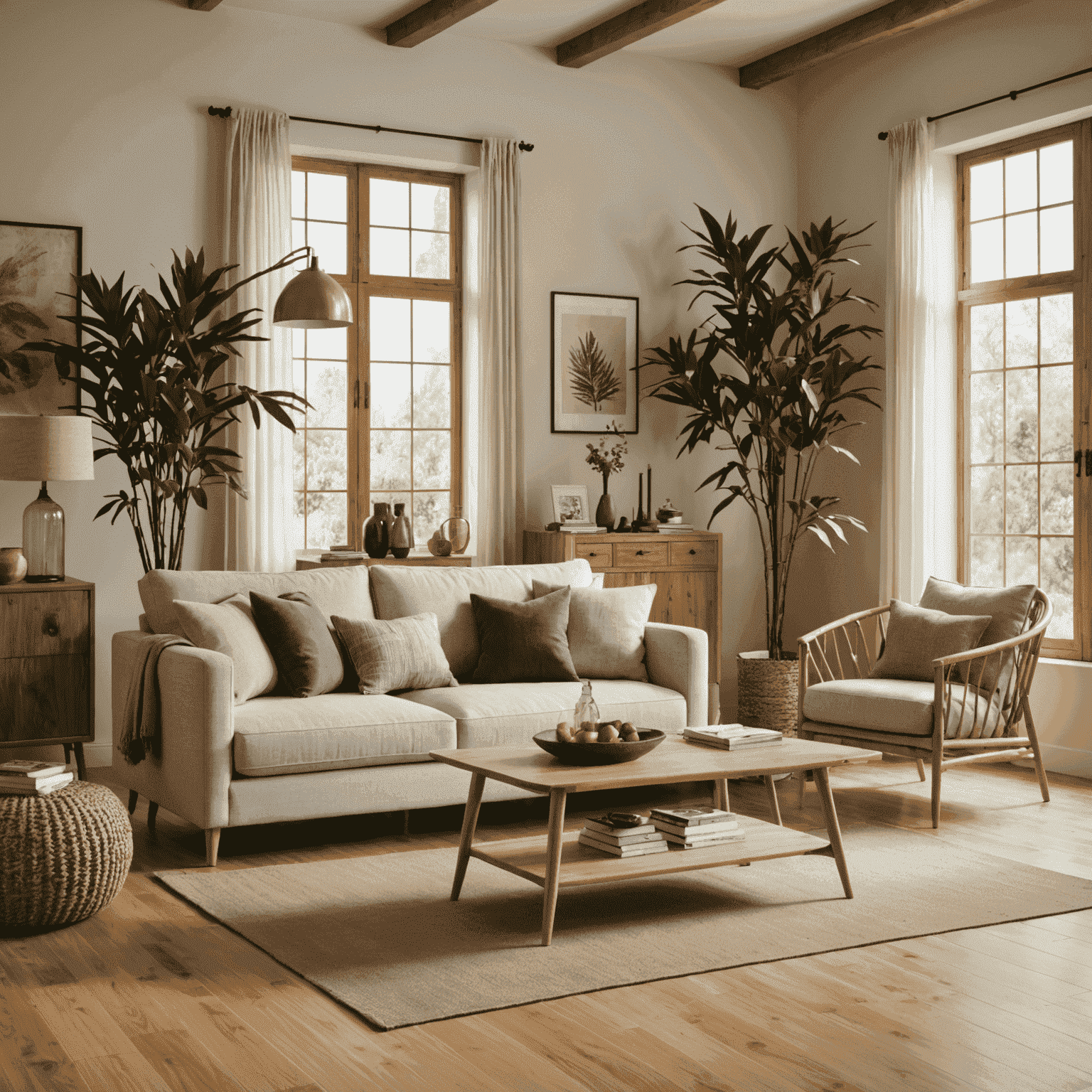 Stylish living room featuring furniture made from sustainable materials, including bamboo flooring and recycled fabric upholstery