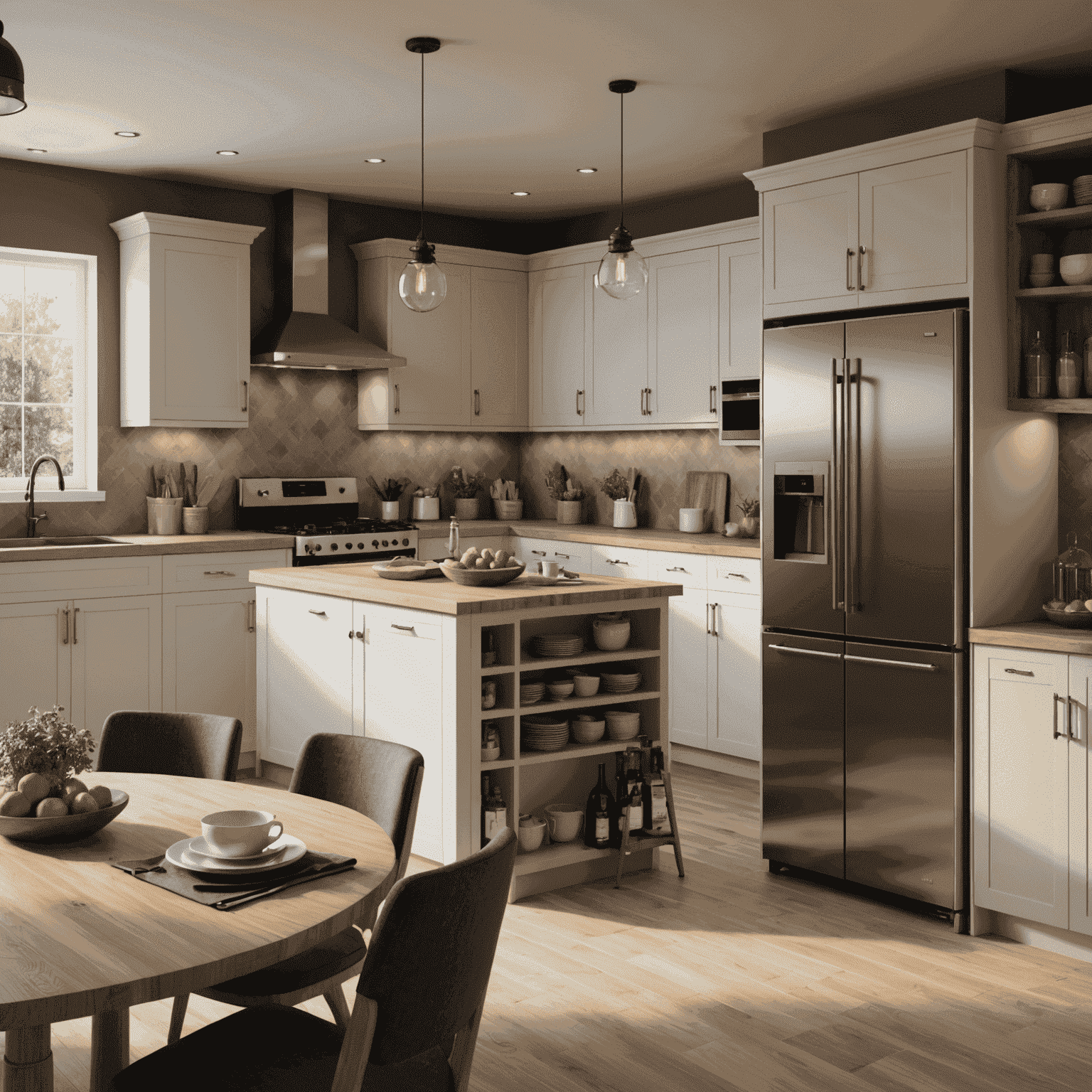 3D visualization of a kitchen design, showing photorealistic rendering with detailed textures, lighting, and furnishings