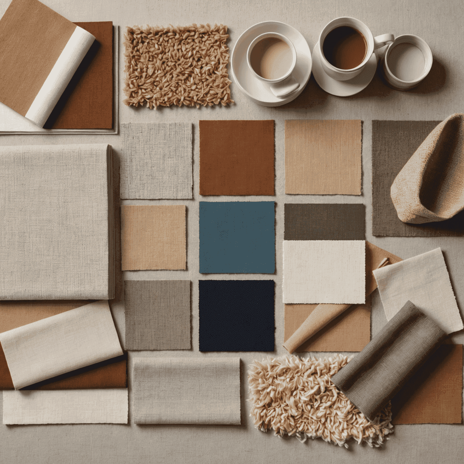 A mood board featuring various color swatches, fabric samples, and material textures for interior design