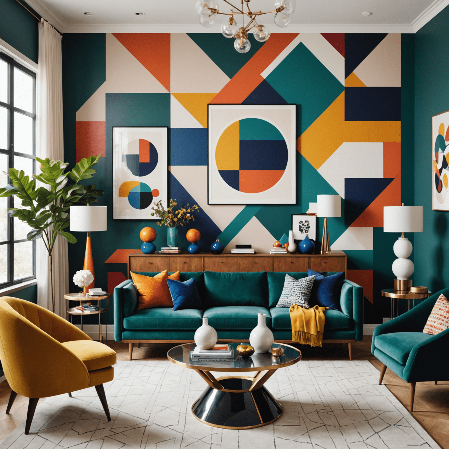 Modern living room featuring a bold geometric wallpaper, jewel-toned furniture, and color-blocked art pieces