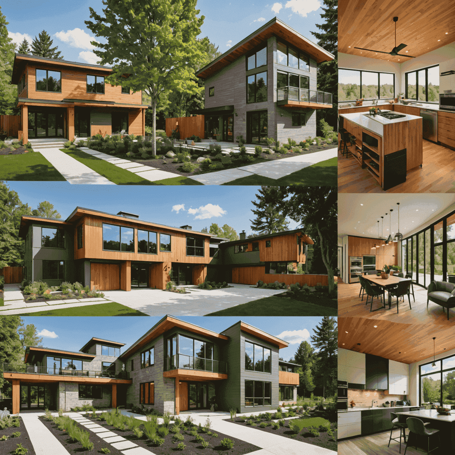 A collage showcasing various sustainable design projects by Alliant Design Services, including energy-efficient homes, green office spaces, and eco-friendly public buildings, all featuring innovative sustainable materials and technologies.