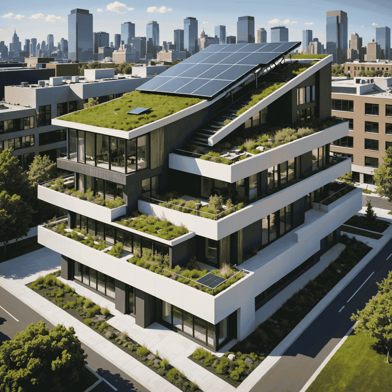 Sustainable design concept featuring eco-friendly materials, solar panels, and green roof on a modern building