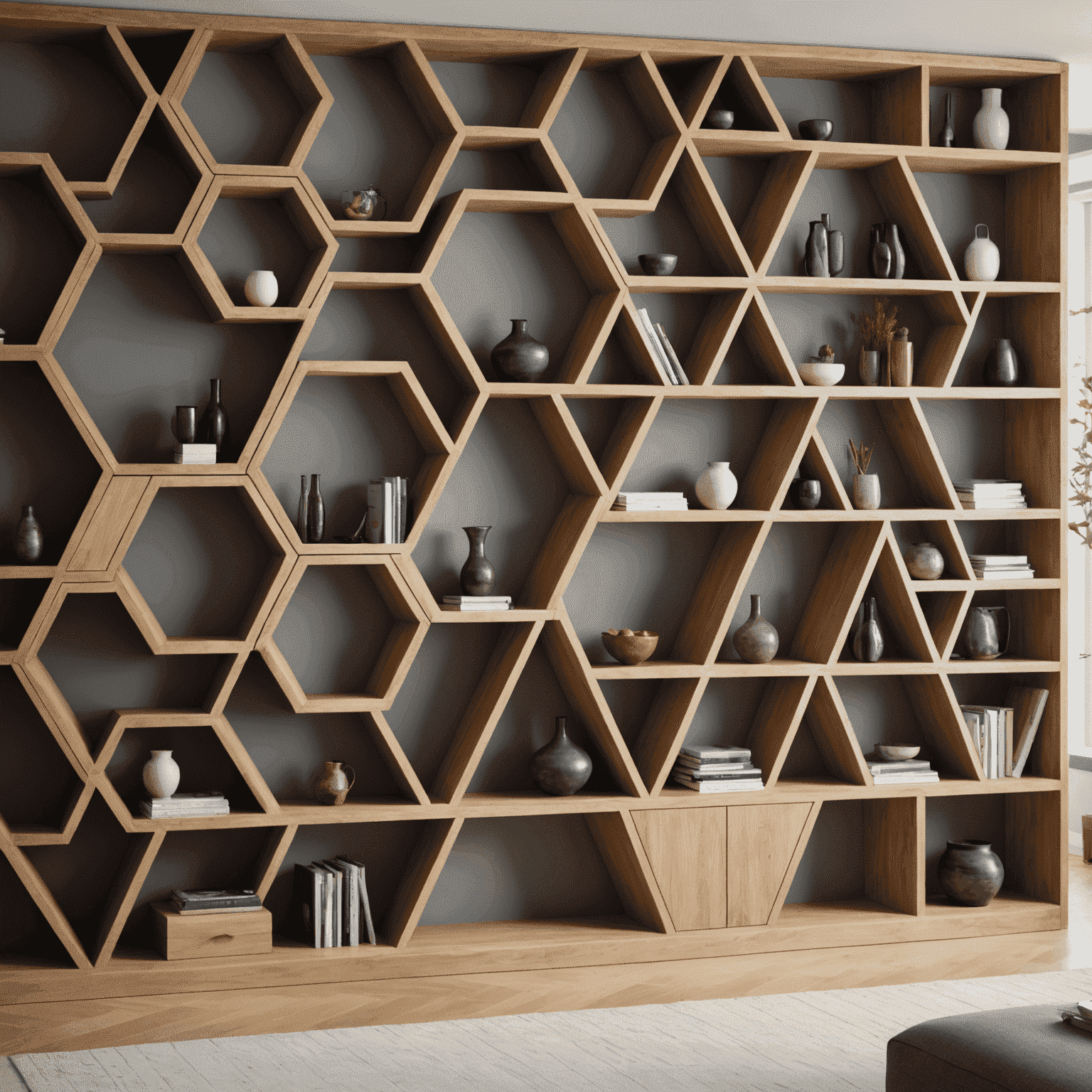 Close-up of a custom-designed built-in shelving unit with unique geometric patterns