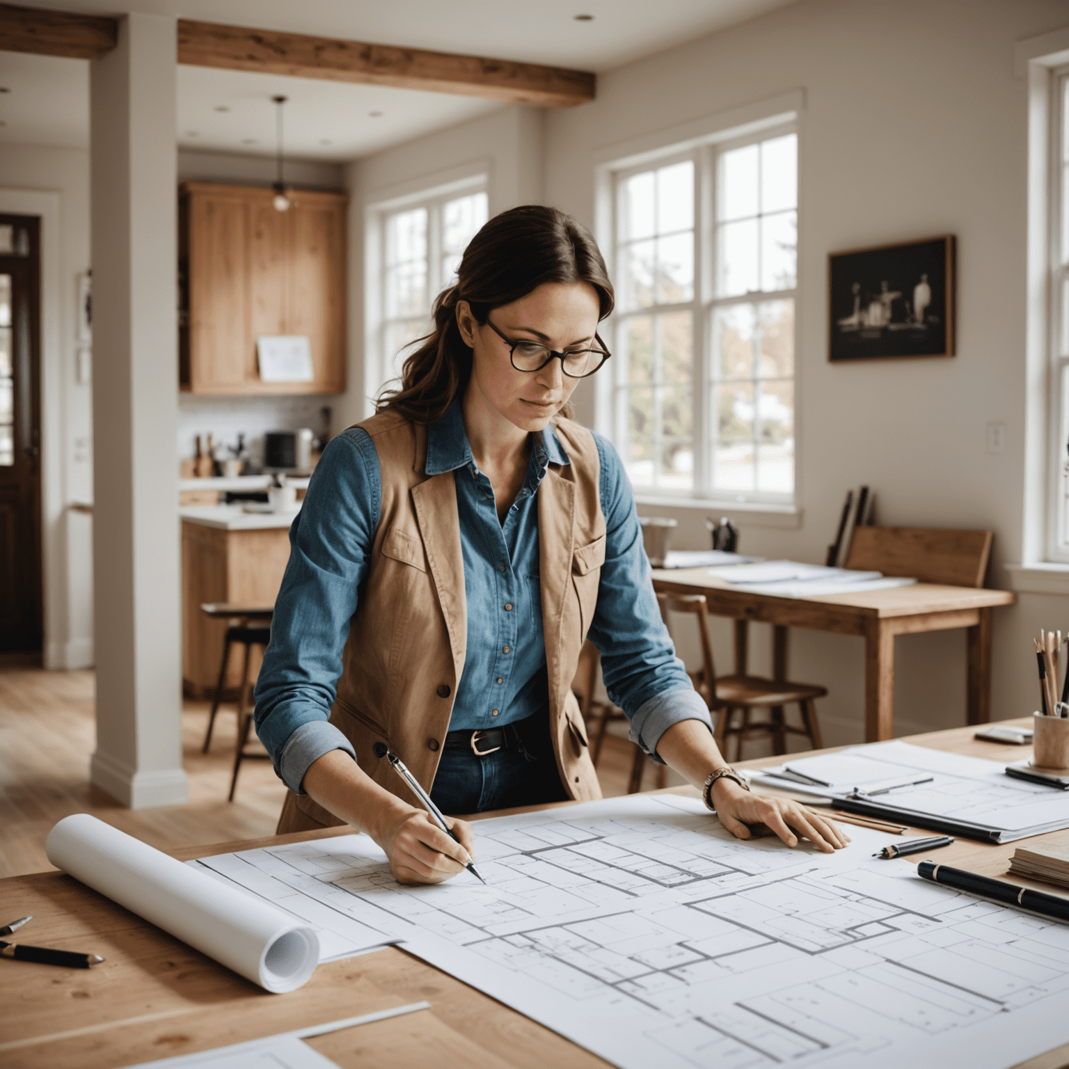 Interior designer overseeing renovation work, checking plans and coordinating with contractors